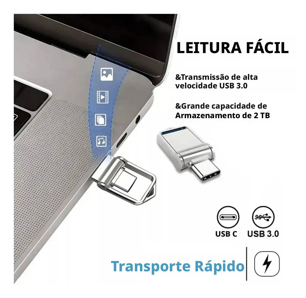 Unidade Flash Usb 2 Tb 3.0 2 Em 1 De Alta Velocidade