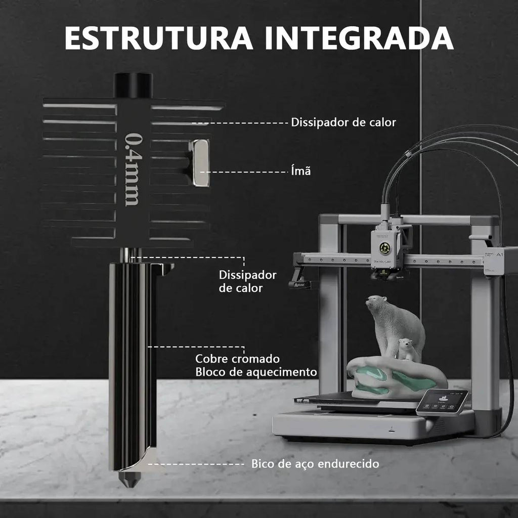 Hotend Com Bico Nozzle Aço Endurecido 0,4mm P/ A1 / A1 Mini
