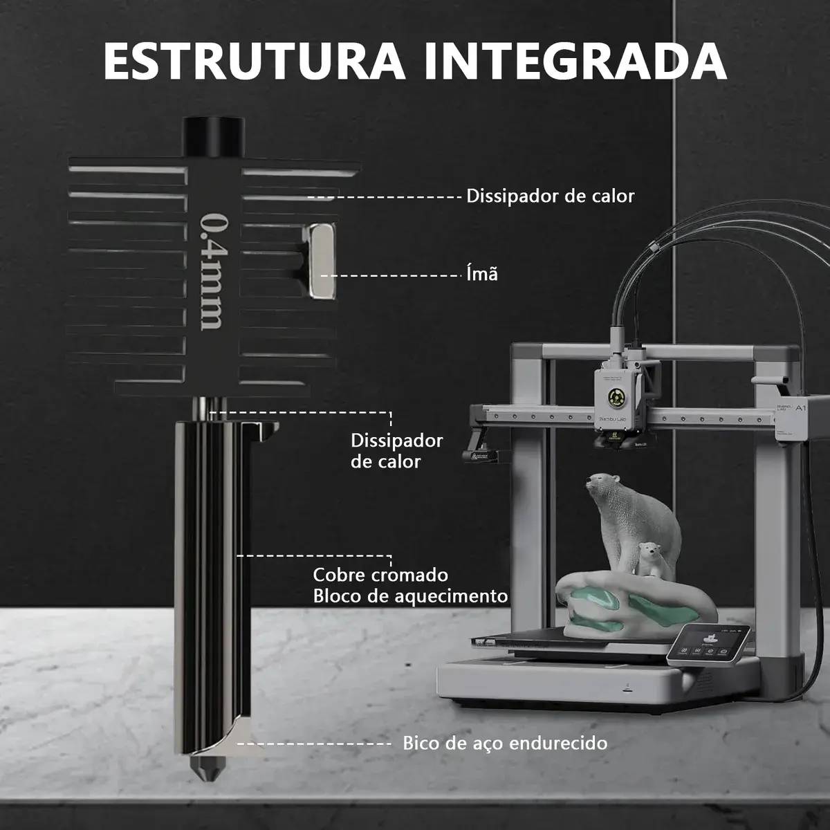 Hotend Com Bico Nozzle Aço Endurecido 0,4mm P/ A1 / A1 Mini
