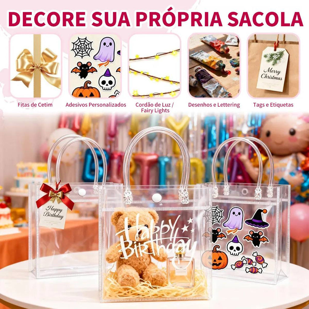 50 Sacolinhas Pvc Transparente Sacola Presente 16x15x7cm