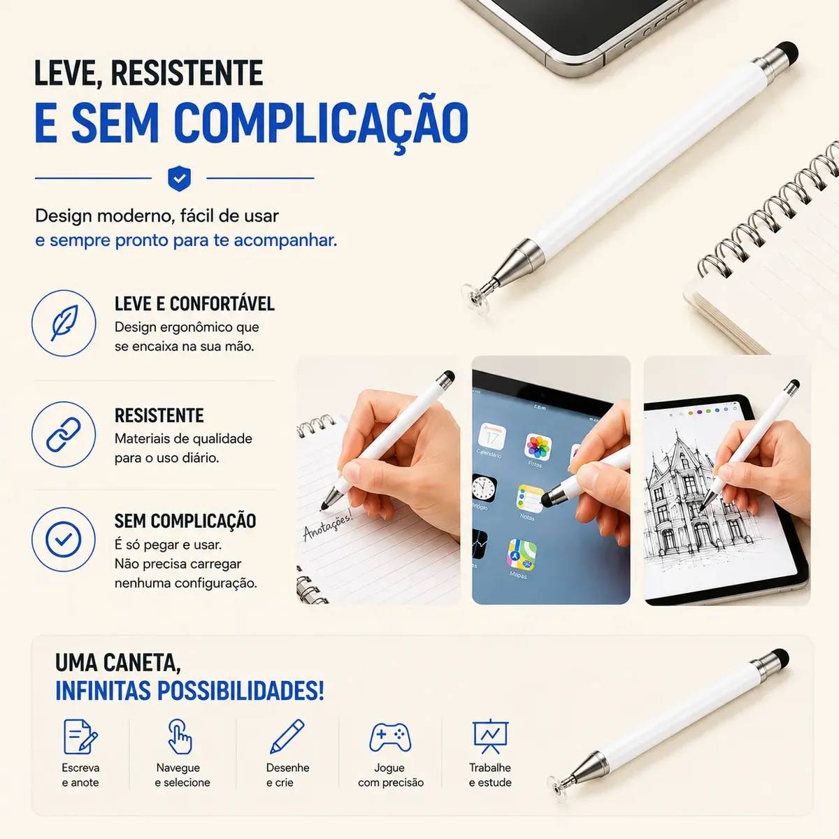 Kit 2 Caneta Touch Screen Stylus 2 Em 1 Ponta Fina Tablet