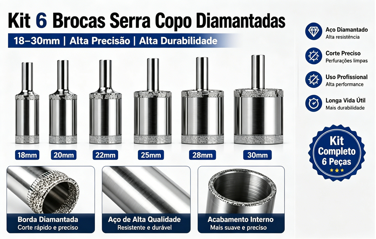 6 Brocas Serra Copo Diamantada18-30mm Para Porcelanato Vidro