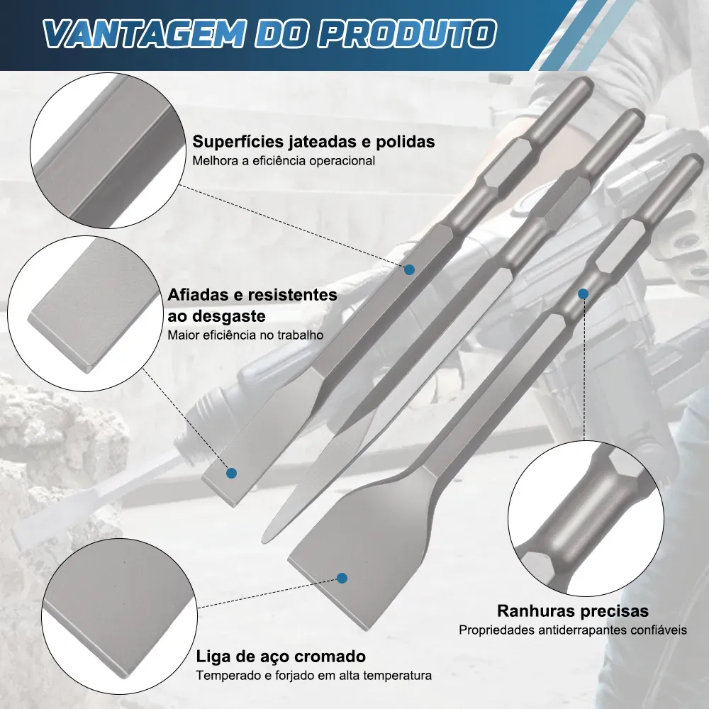 Kit Ponteiro Talhadeira P/ Martelo Rompedor Sextavado 17x280