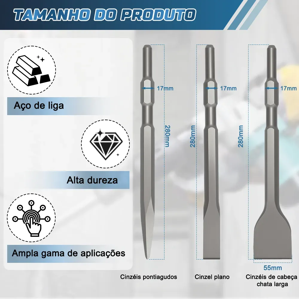 Kit Ponteiro Talhadeira P/ Martelo Rompedor Sextavado 17x280