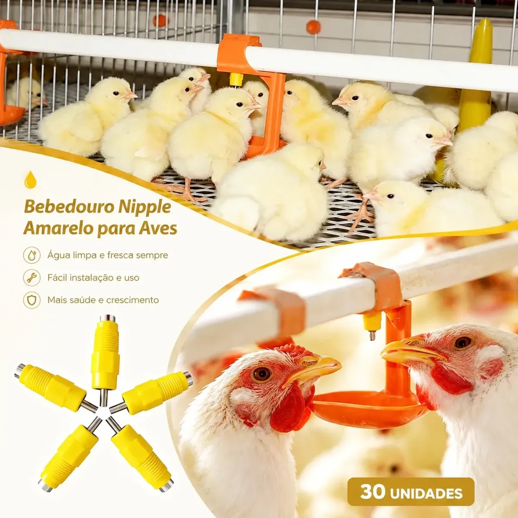 30 Unid Bebedouro Automático Tipo Niple Amarelo Para Aves